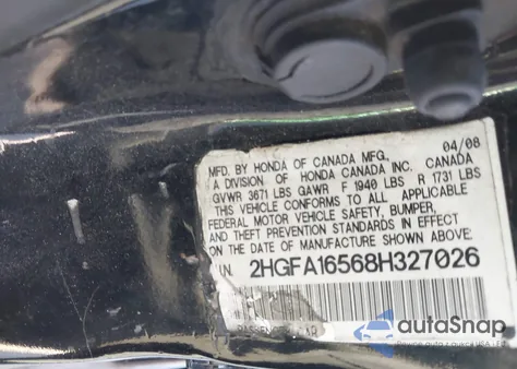 2008 Honda Civic Lx z USA, uszkodzony, nr VIN 2HGFA16568H327026